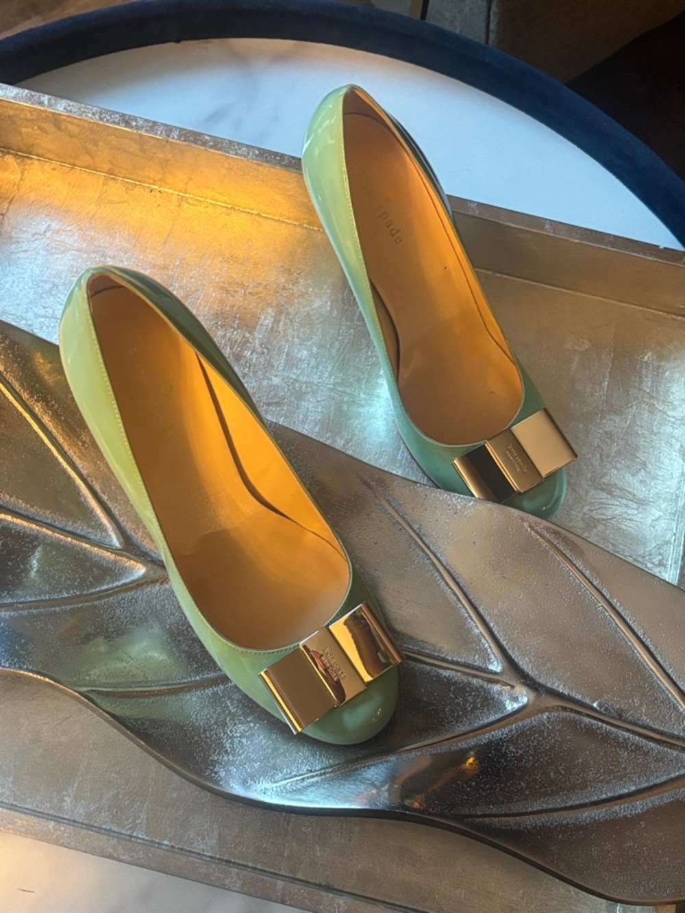 kate spade mint green patent leather bow heels